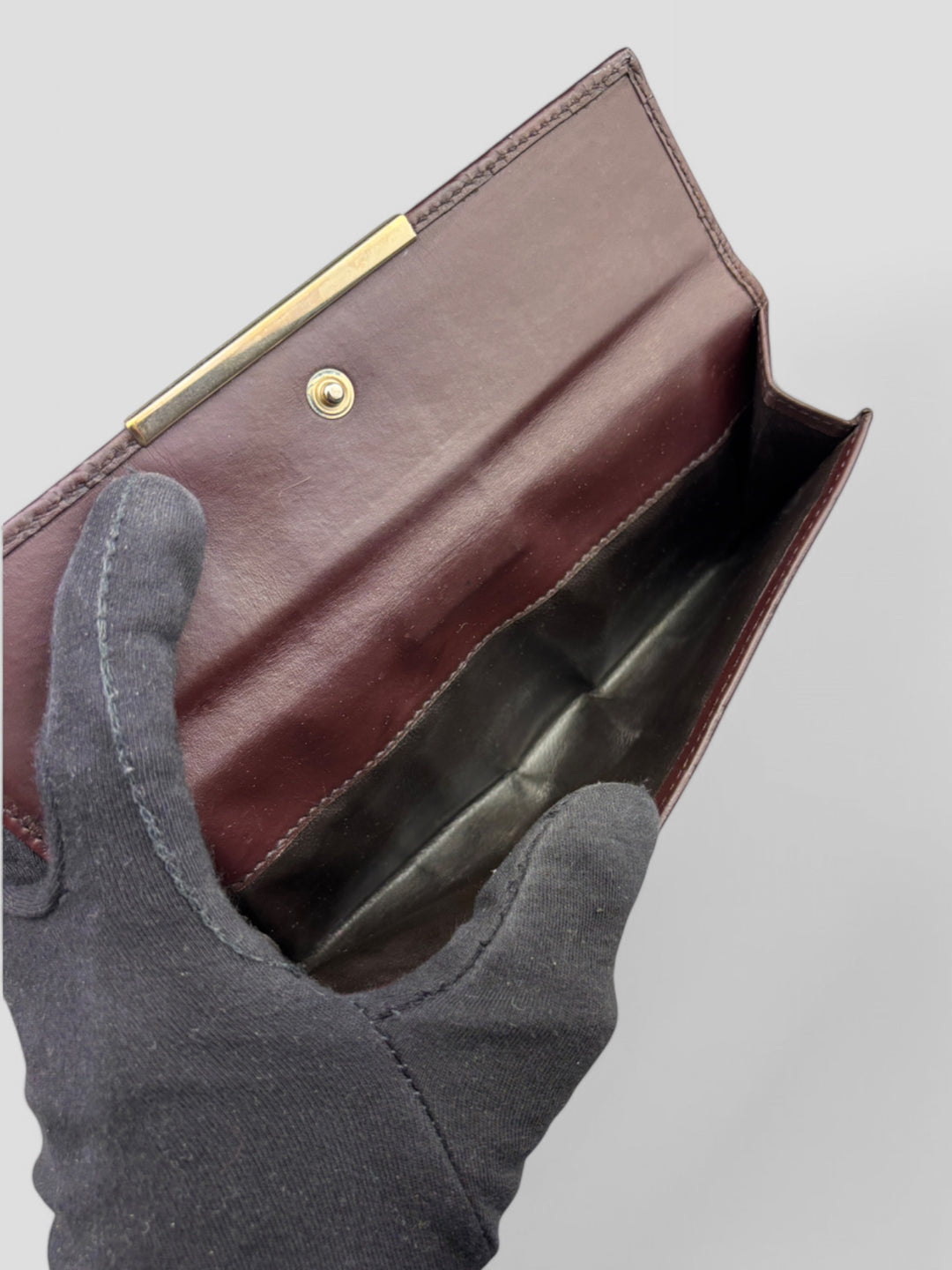 Vintage Gucci Unisex Leder Geldbeutel Braun Monogram Goldene Akzente, Second-Hand Gucci Wallet Brown Monogram Gold Details