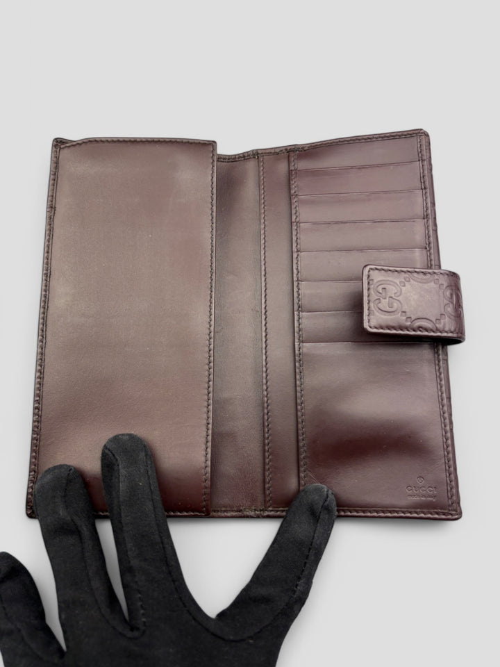 Vintage Gucci Unisex Leder Geldbeutel Braun Monogram Goldene Akzente, Second-Hand Gucci Wallet Brown Monogram Gold Details