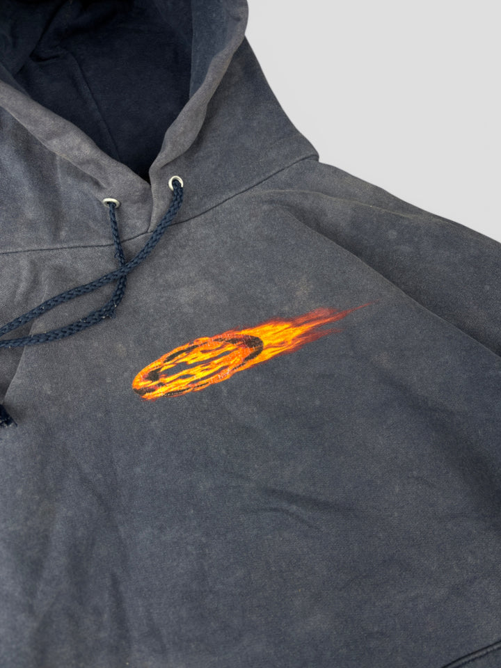 Vintage Oakley Unisex Hoodie Dunkelblau mit Flammendesign und Kängurutasche

