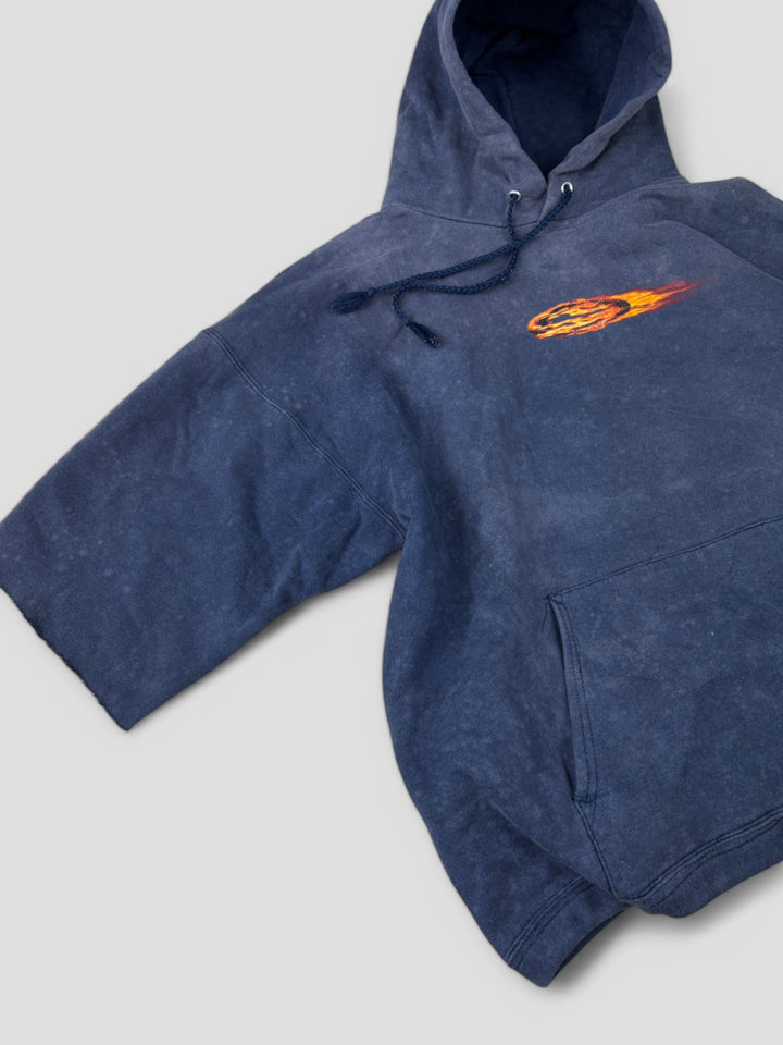Vintage Oakley Unisex Hoodie Dunkelblau mit Flammendesign und Kängurutasche

