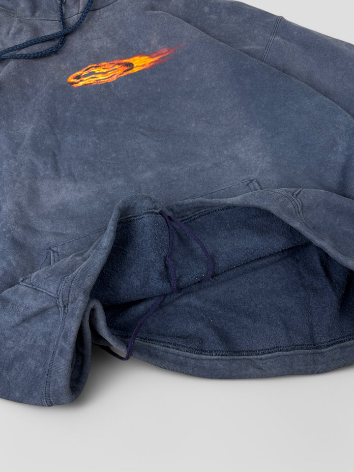 Vintage Oakley Unisex Hoodie Dunkelblau mit Flammendesign und Kängurutasche

