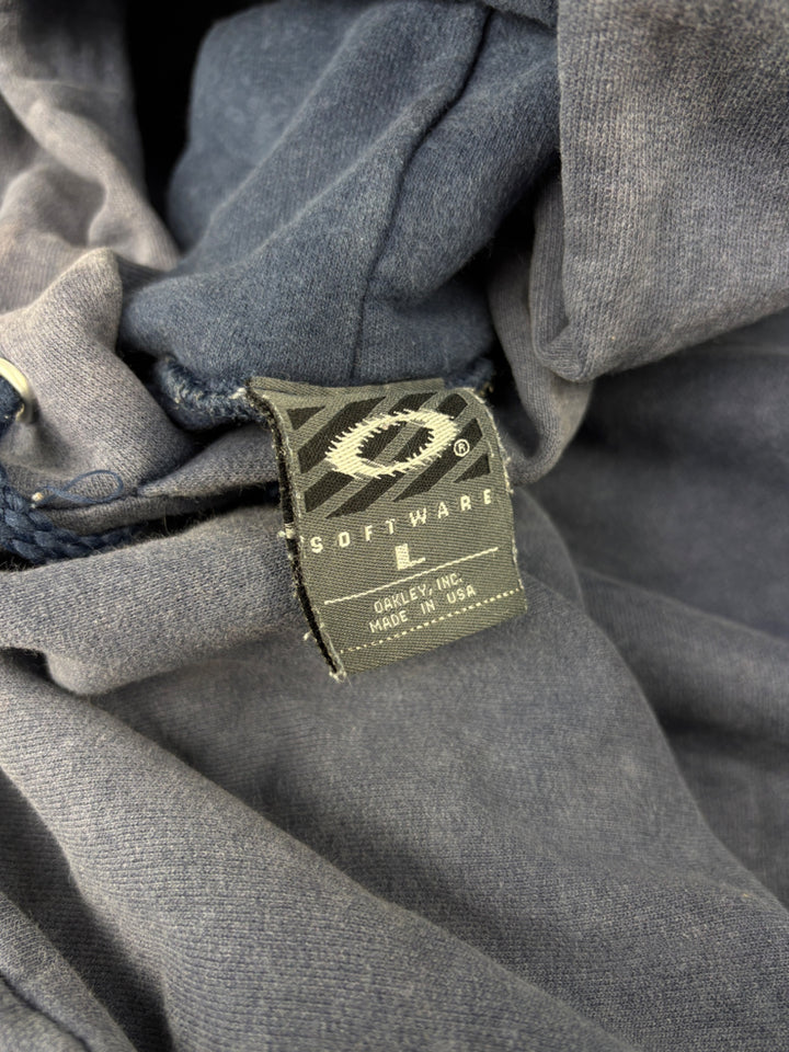Vintage Oakley Unisex Hoodie Dunkelblau mit Flammendesign und Kängurutasche

