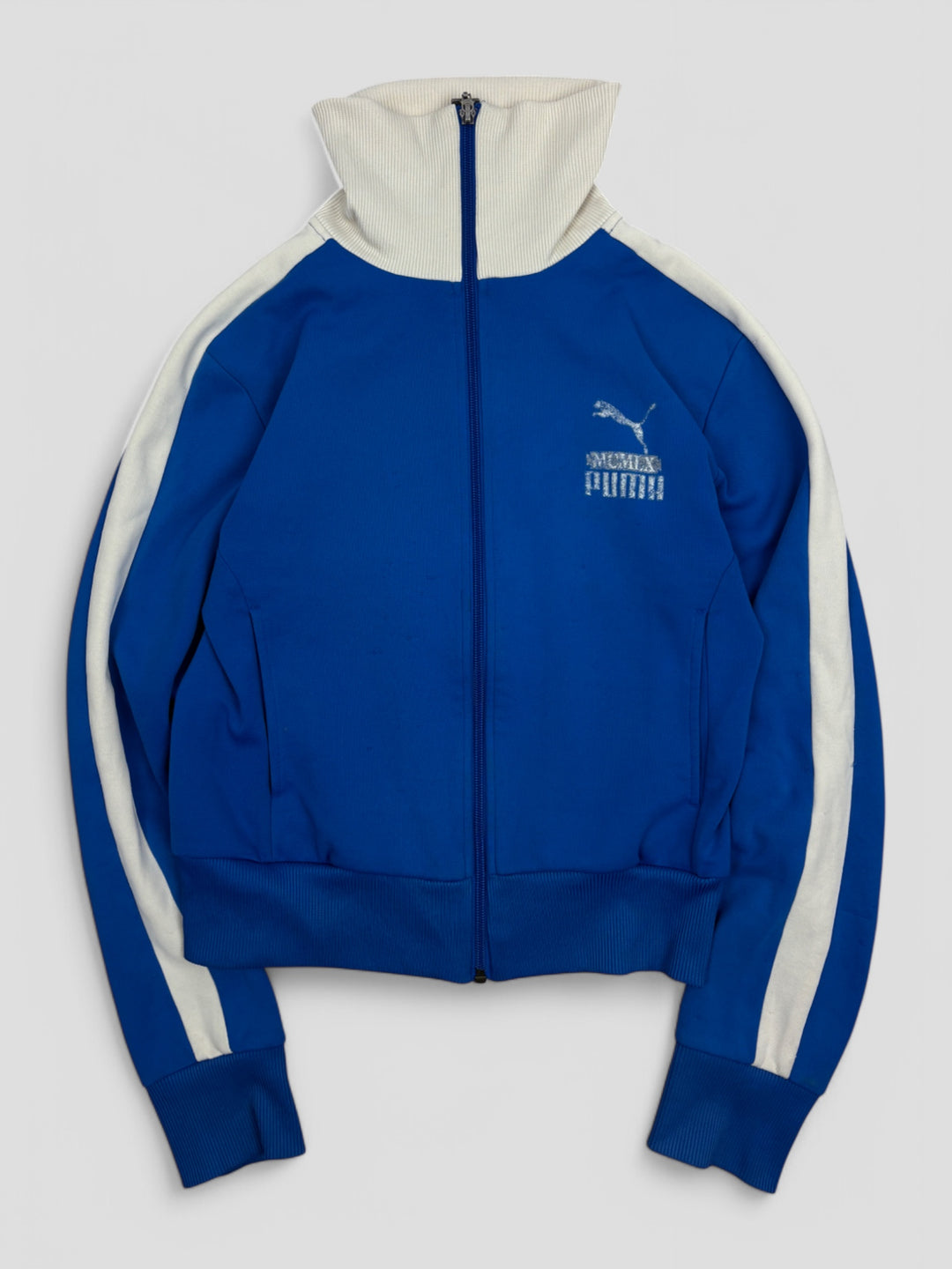 Vintage Puma Unisex Track Jacket Blau mit weißen Streifen und hohem Kragen, Second-Hand Puma Jacket Blue
