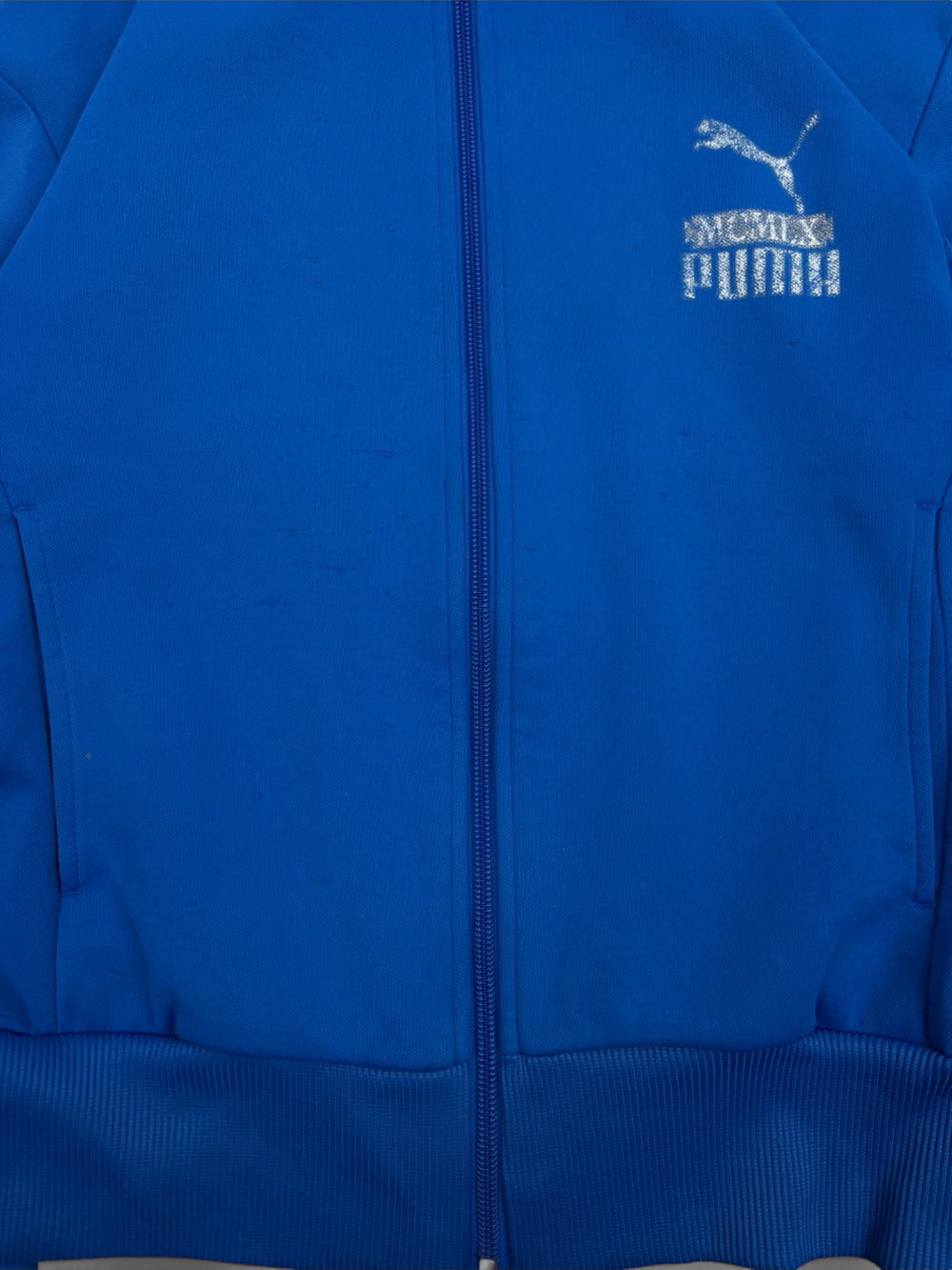 Vintage Puma Unisex Track Jacket Blau mit weißen Streifen und hohem Kragen, Second-Hand Puma Jacket Blue