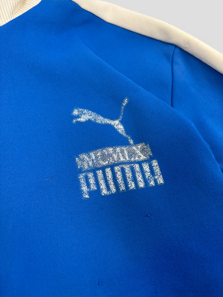 Vintage Puma Unisex Track Jacket Blau mit weißen Streifen und hohem Kragen, Second-Hand Puma Jacket Blue