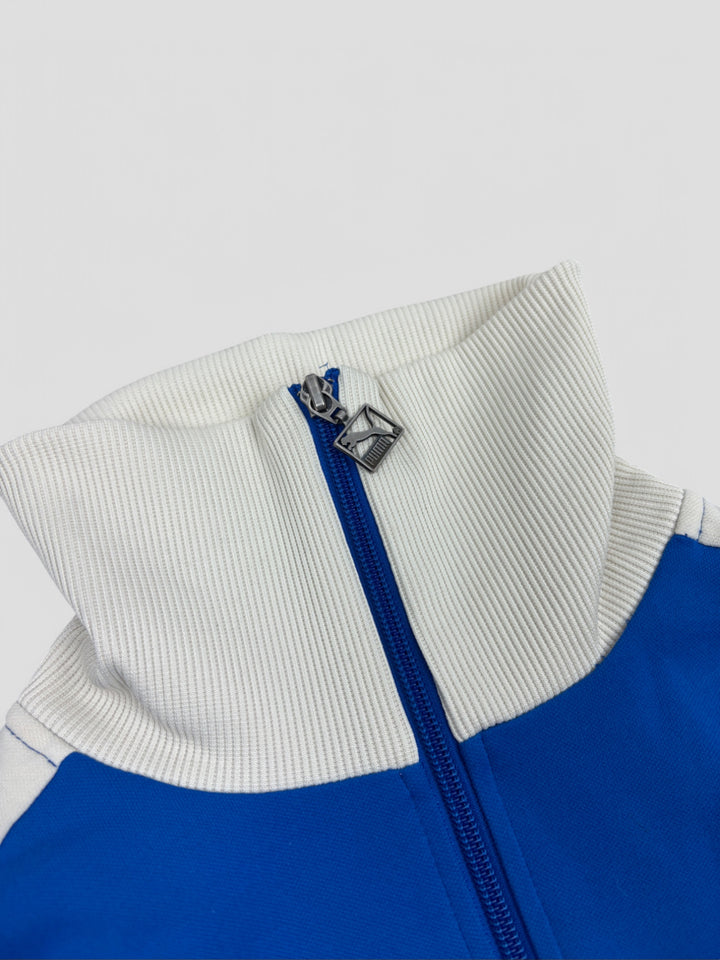 Vintage Puma Unisex Track Jacket Blau mit weißen Streifen und hohem Kragen, Second-Hand Puma Jacket Blue