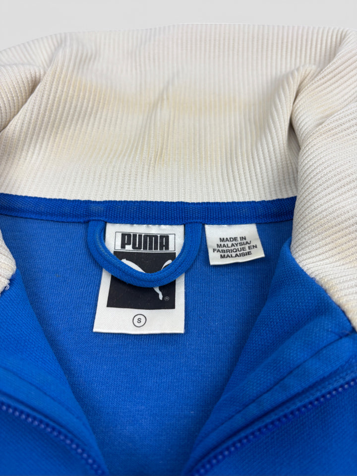 Vintage Puma Unisex Track Jacket Blau mit weißen Streifen und hohem Kragen, Second-Hand Puma Jacket Blue
