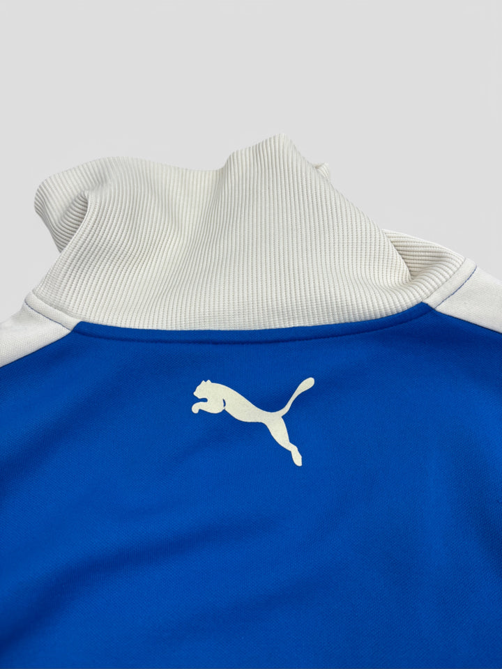 Vintage Puma Unisex Track Jacket Blau mit weißen Streifen und hohem Kragen, Second-Hand Puma Jacket Blue
