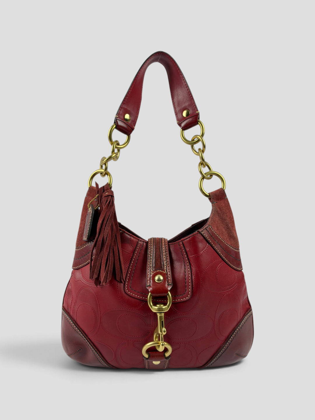 Coach Embossed Signature Leather Chain Hobo Shoulder Bag aus Glattleder in Bordeauxrot, Vorderansicht