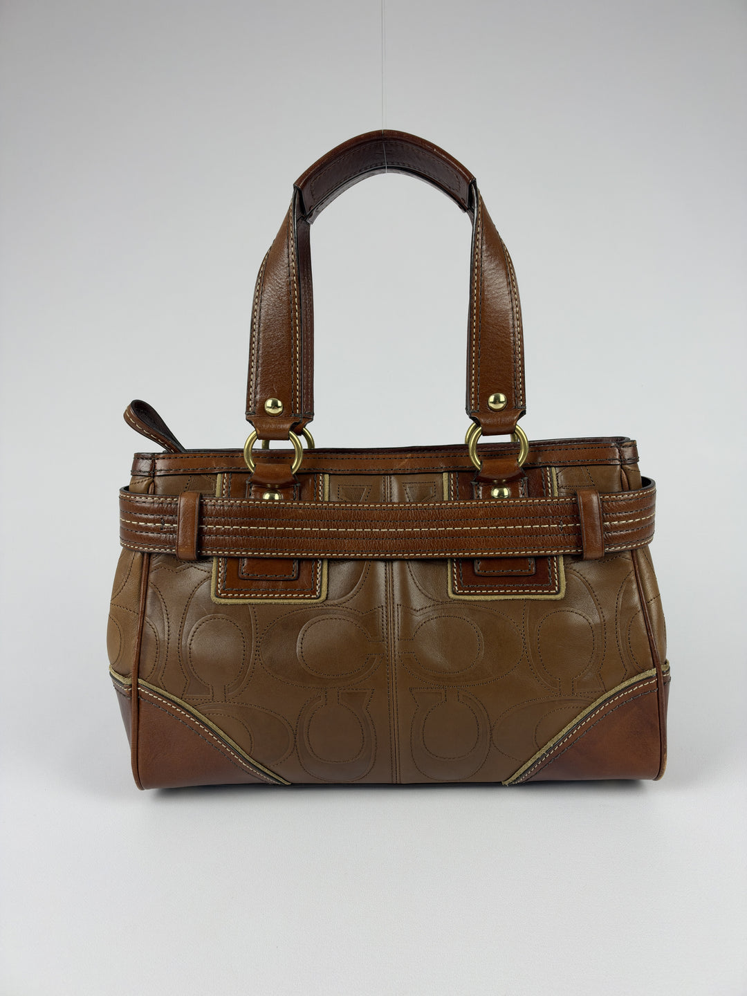 Coach Hamptons Clip Signature Stitched Full Leather Satchel Shoulder Bag in Braun/Cognac, Detailansicht 3