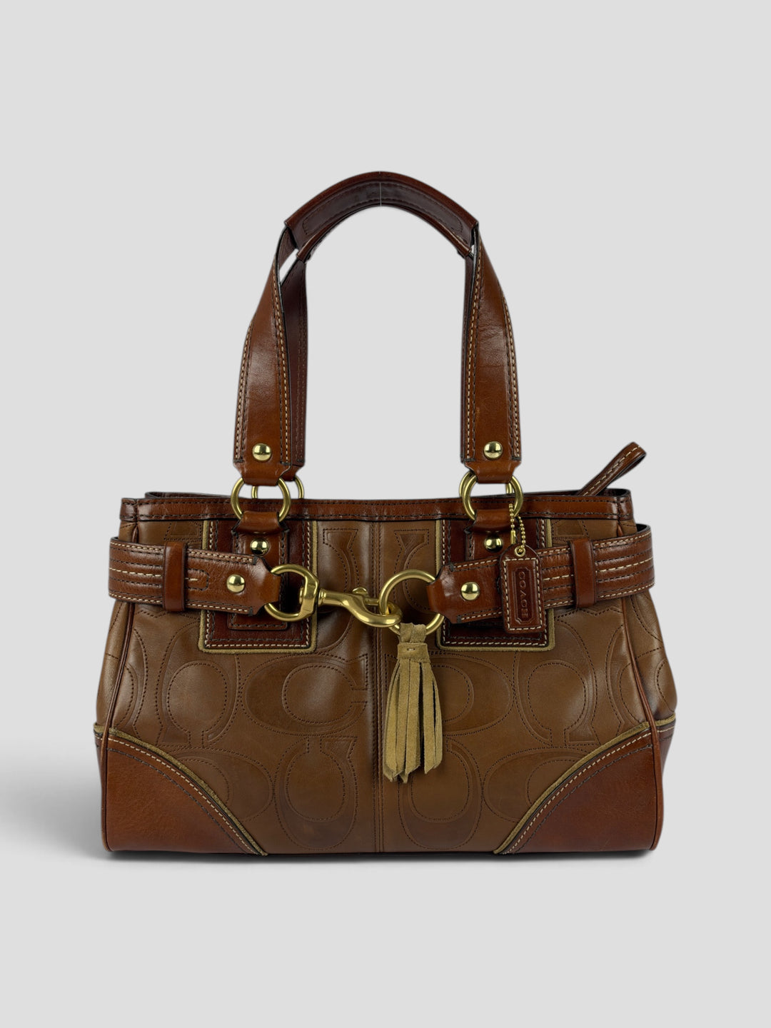 Coach Hamptons Clip Signature Stitched Full Leather Satchel Shoulder Bag aus Glattleder in Braun/Cognac, Vorderansicht