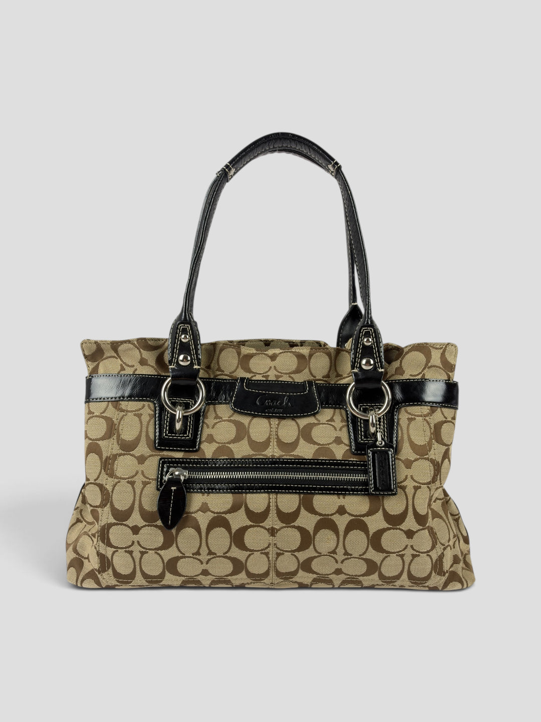Coach Penelope Signature Canvas Carryall Tote Shoulder Bag aus Signature-Jacquard-Canvas in Khaki/Braun, Vorderansicht