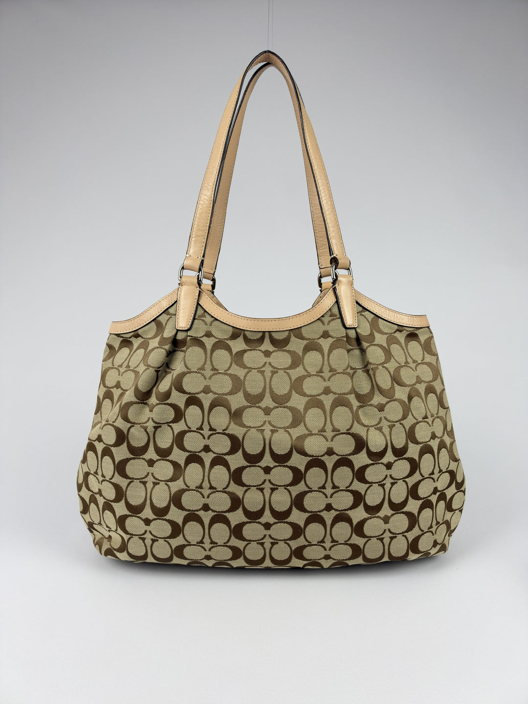 Coach Signature Pink Stripe Devin Tote Shoulder Bag in Khaki/Braun, Detailansicht 3