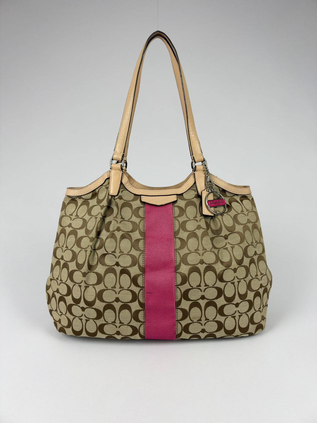 Coach Signature Pink Stripe Devin Tote Shoulder Bag in Khaki/Braun, Vorderansicht im Originalfoto