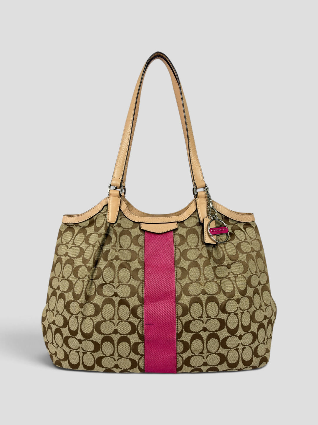 Coach Signature Pink Stripe Devin Tote Shoulder Bag aus Signature-Jacquard-Canvas in Khaki/Braun, Vorderansicht