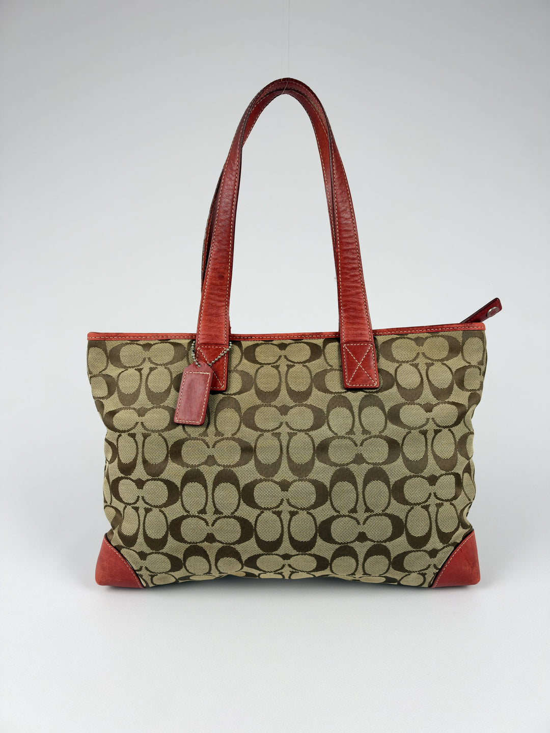Coach Signature Red Leather Zip Top Tote Shoulder Bag in Khaki/Braun, Detailansicht 3