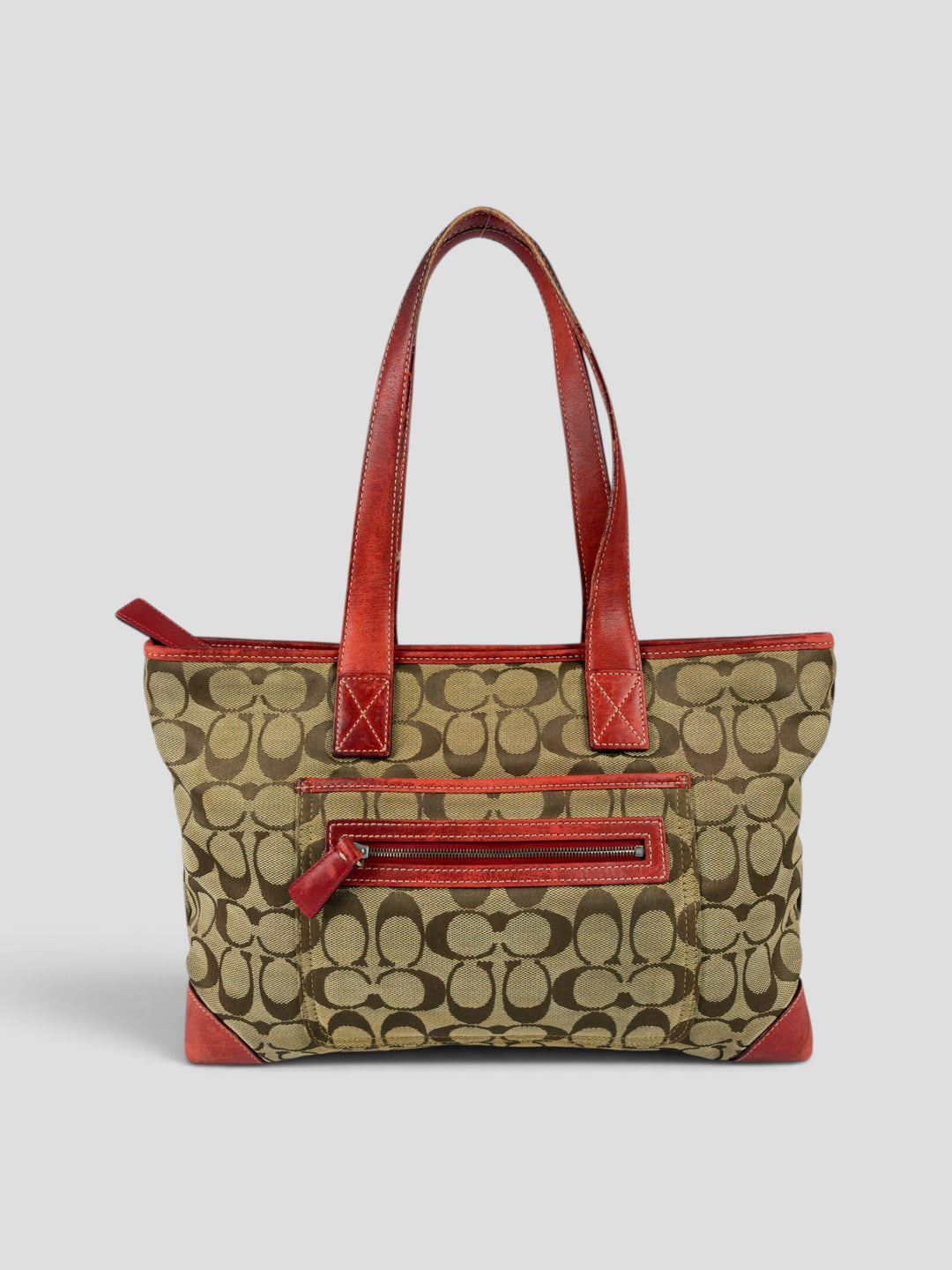 Coach Signature Red Leather Zip Top Tote Shoulder Bag aus Signature-Jacquard-Canvas in Khaki/Braun, Vorderansicht
