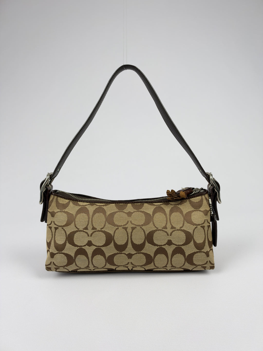 Coach Signature Suede Stripe Baguette Shoulder Bag in Khaki/Braun, Vorderansicht im Originalfoto