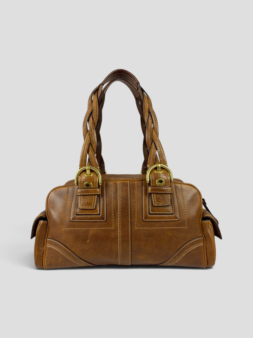 Coach Soho Leather Buckle Satchel Shoulder Bag aus genarbtem Glattleder in Cognac/Braun, Vorderansicht