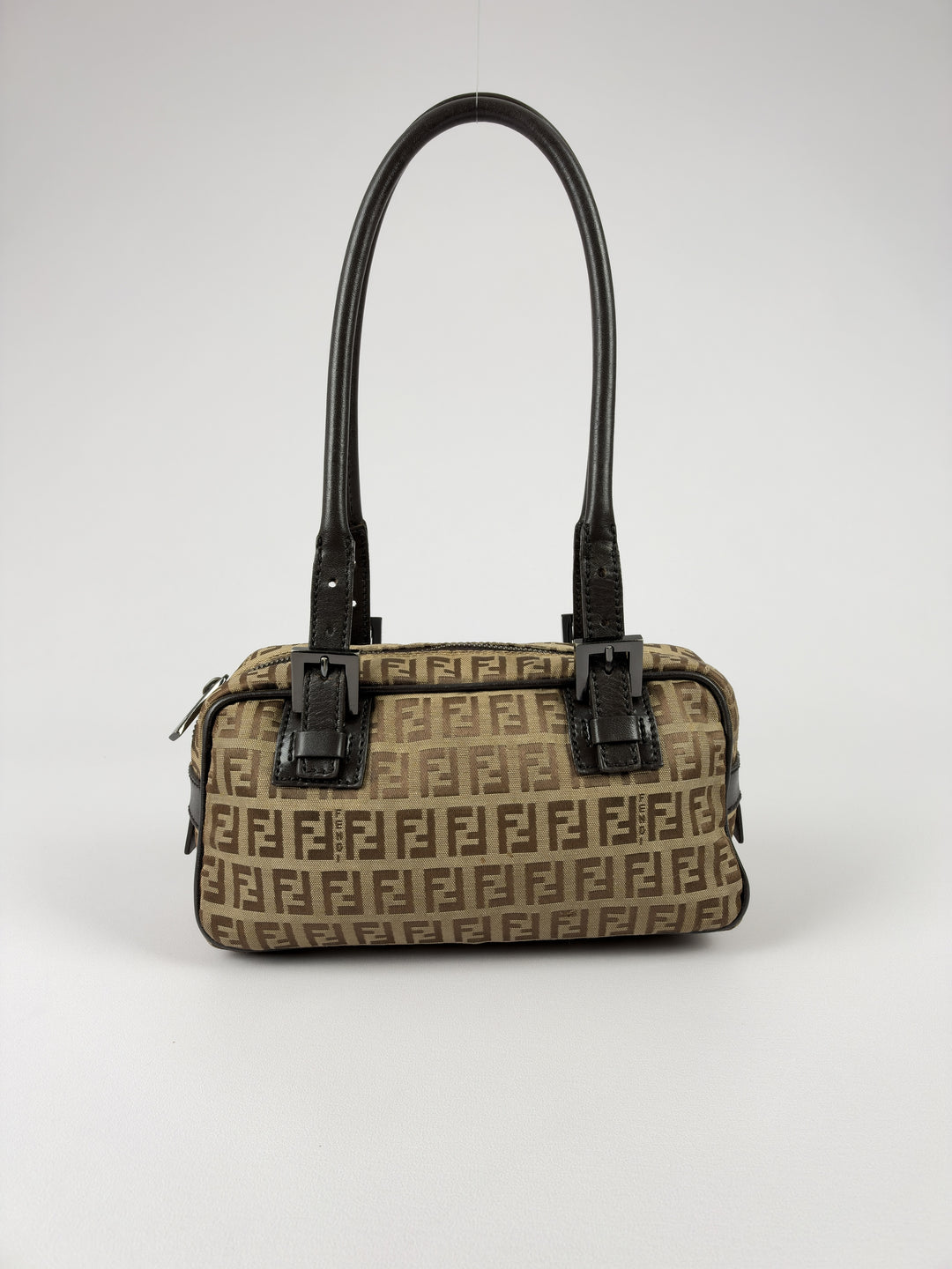 Fendi Zucchino Canvas Mini Boston Shoulder Bag in Beige/Braun, Vorderansicht im Originalfoto