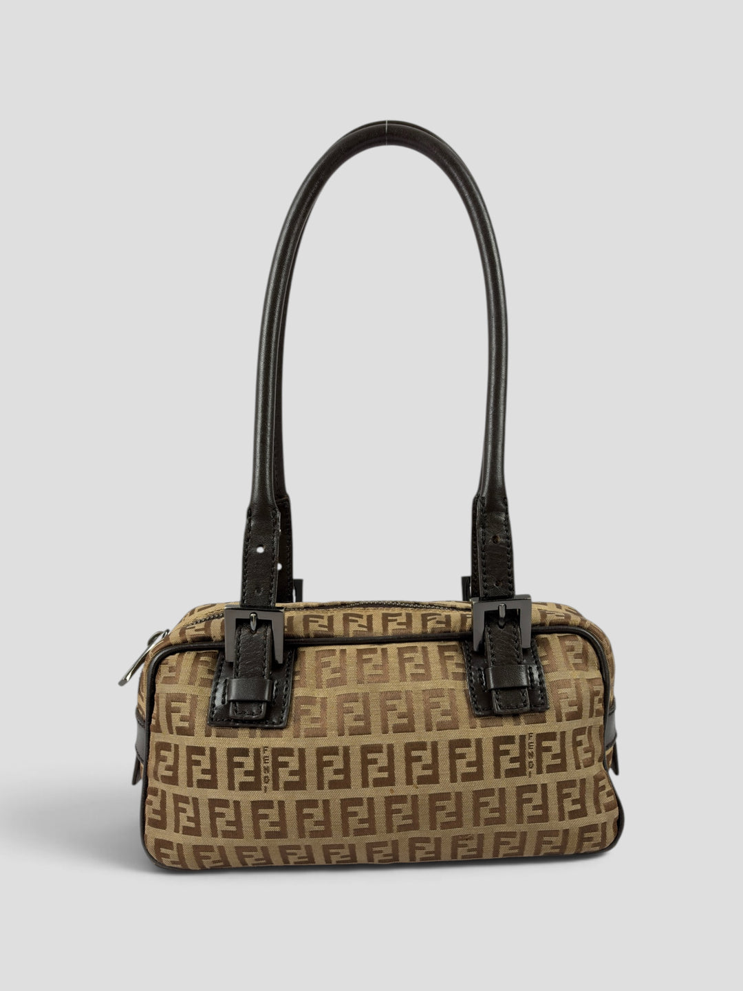 Fendi Zucchino Canvas Mini Boston Shoulder Bag aus Zucchino-Canvas in Beige/Braun, Vorderansicht