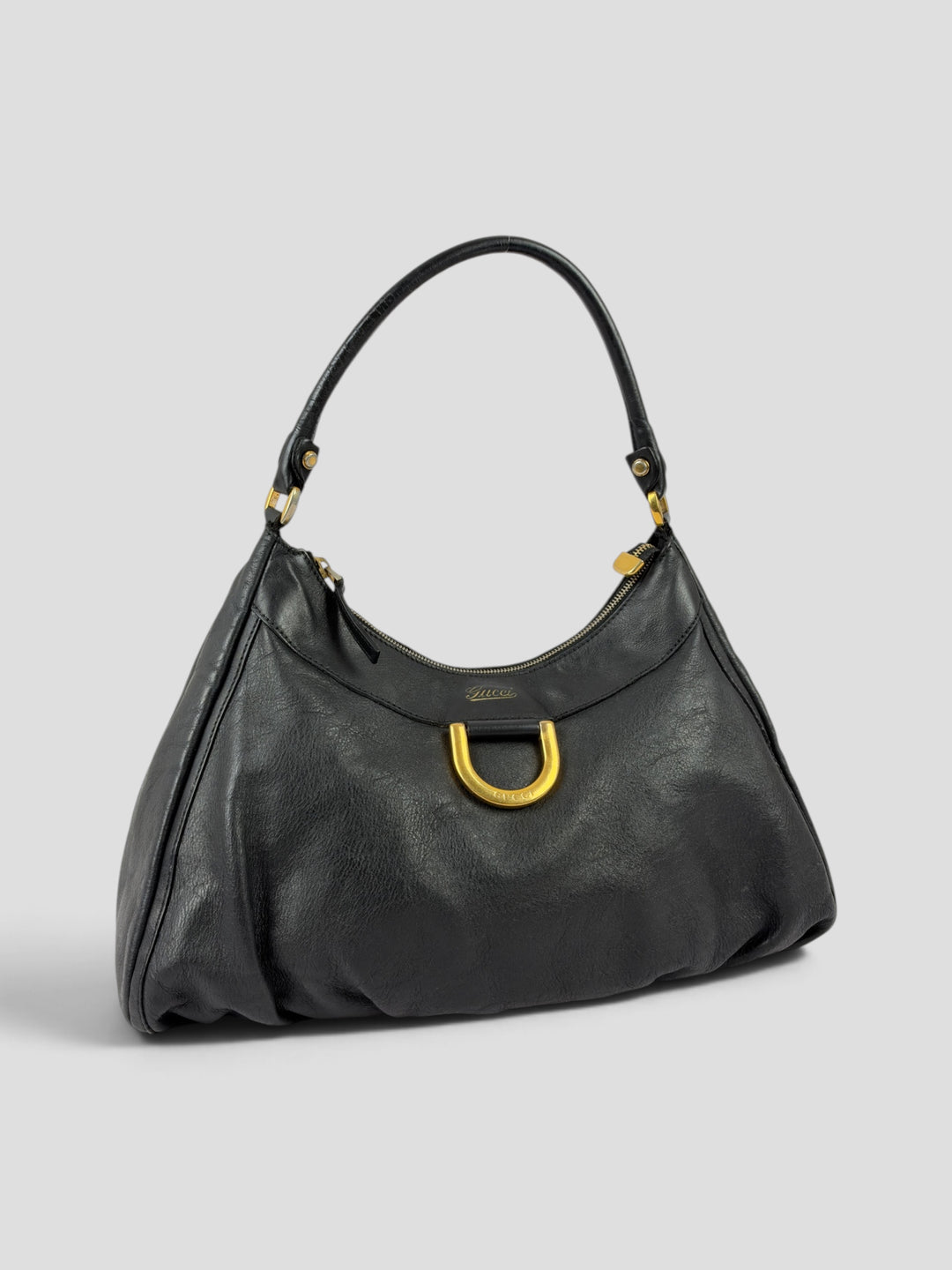 Gucci Abbey D-Ring Leather Hobo Shoulder Bag aus Glattleder in Schwarz, Vorderansicht