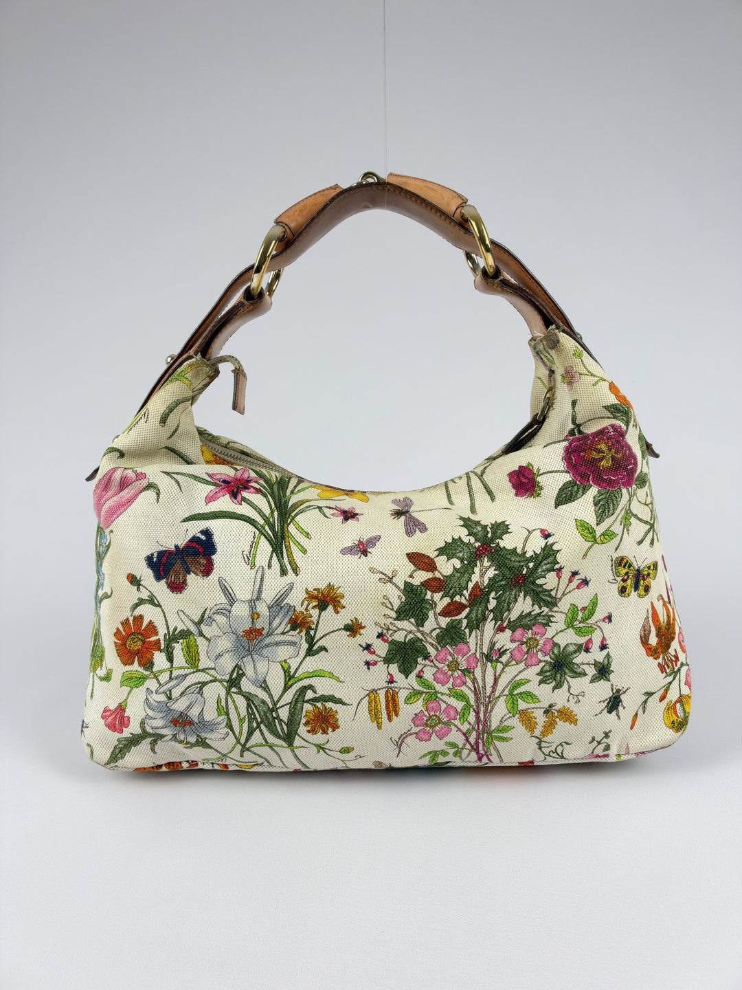 Gucci Flora Canvas Horsebit Hobo Shoulder Bag in Cremeweiß, Detailansicht 1
