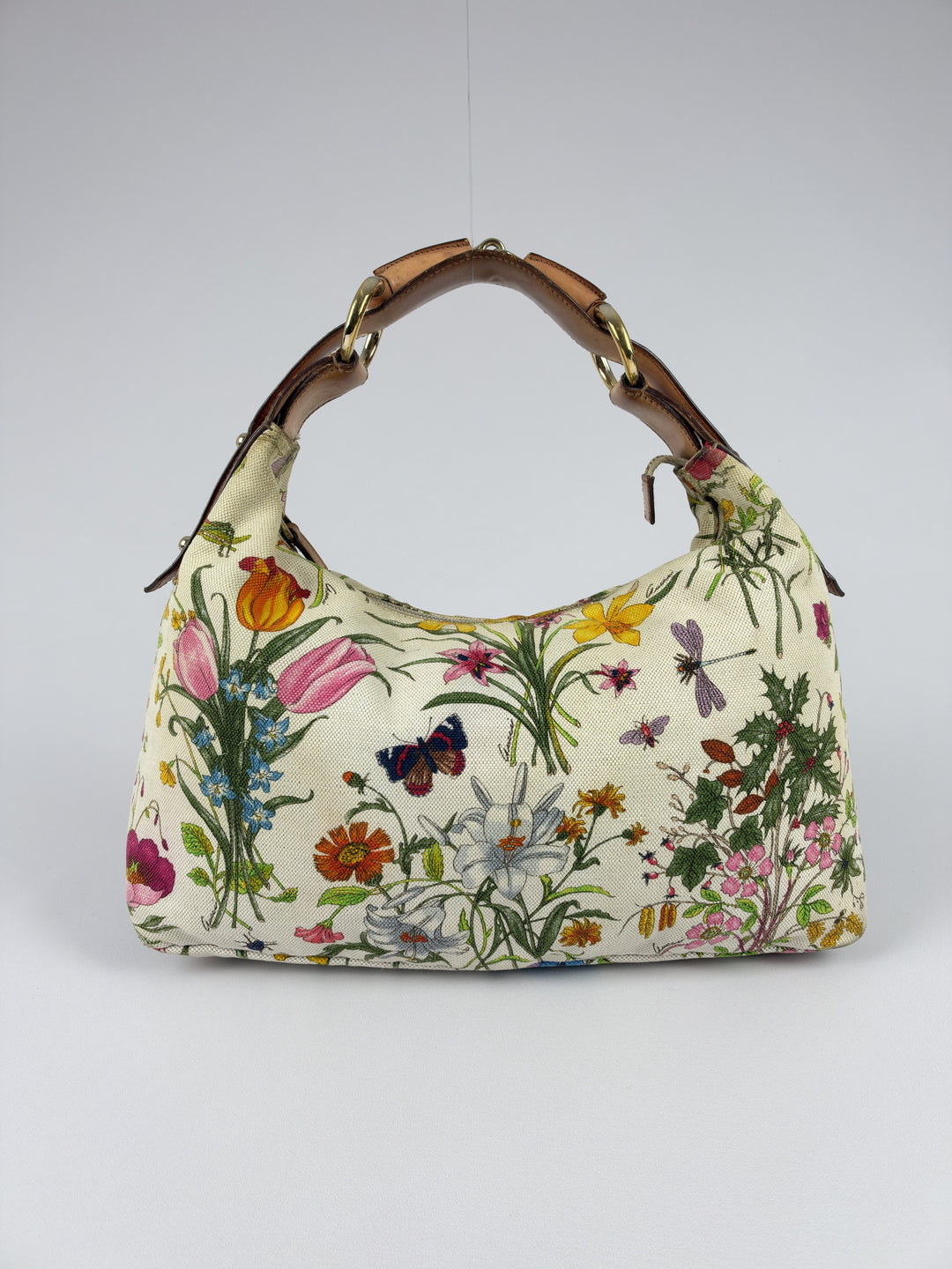 Gucci Flora Canvas Horsebit Hobo Shoulder Bag in Cremeweiß, Detailansicht 3