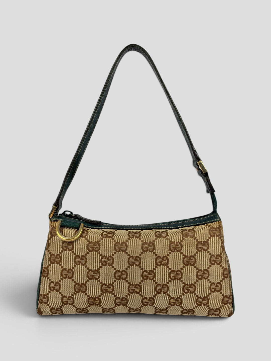 Gucci GG Canvas Abbey D-Ring Baguette Pochette Shoulder Bag aus GG-Canvas in Beige/Braun, Vorderansicht