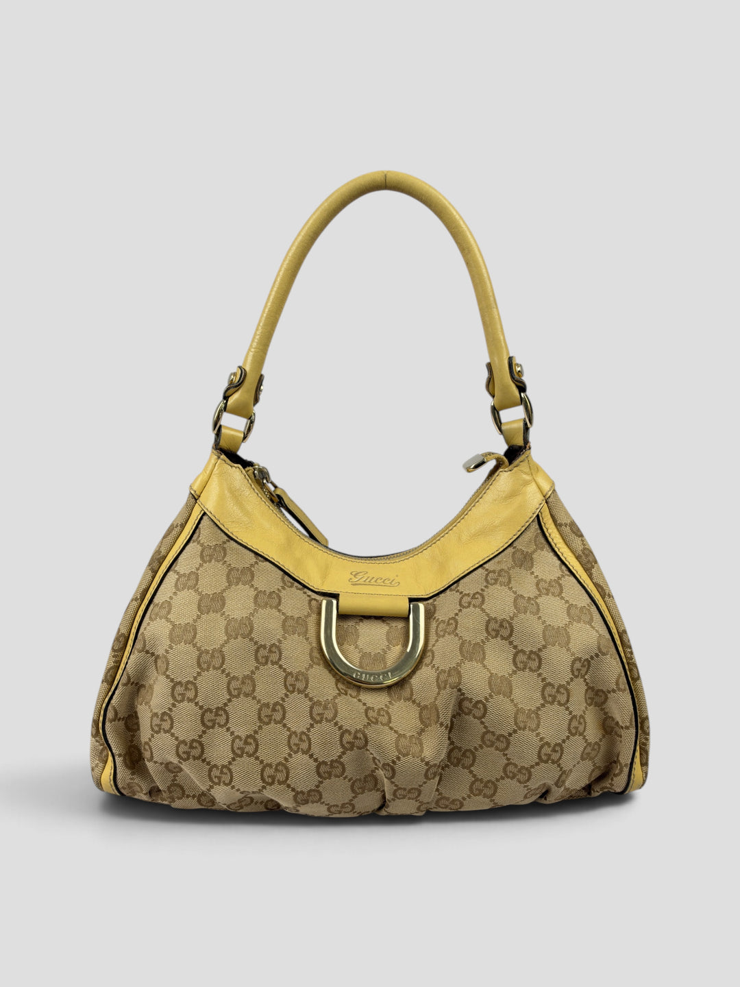 Gucci GG Canvas Abbey D-Ring Hobo Shoulder Bag aus GG-Canvas in Beige/Ebenholz, Vorderansicht