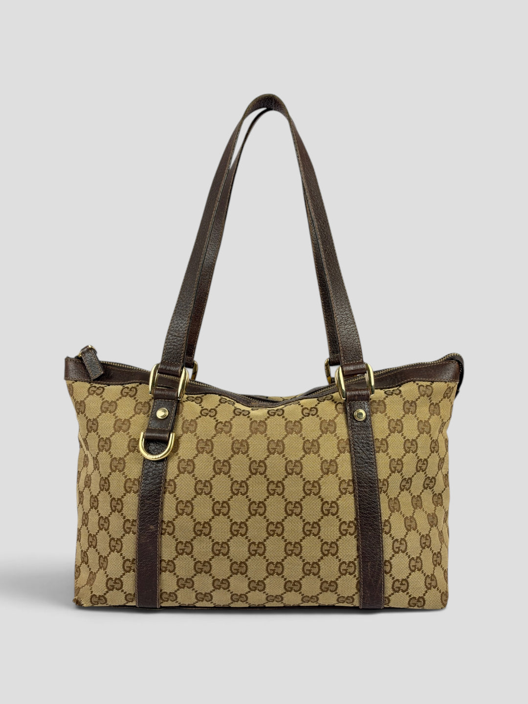 Gucci GG Canvas Abbey D-Ring Tote Shoulder Bag aus GG-Canvas in Beige/Braun, Vorderansicht