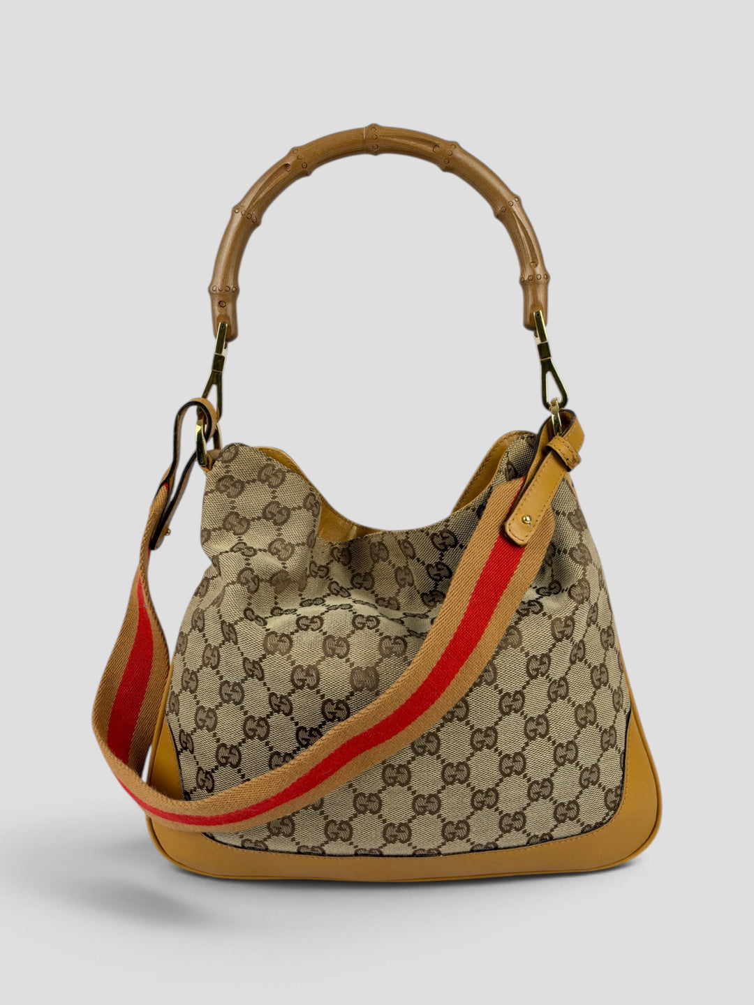 Gucci GG Canvas Bamboo Web Hobo Shoulder Bag aus GG-Canvas in Beige/Braun, Vorderansicht