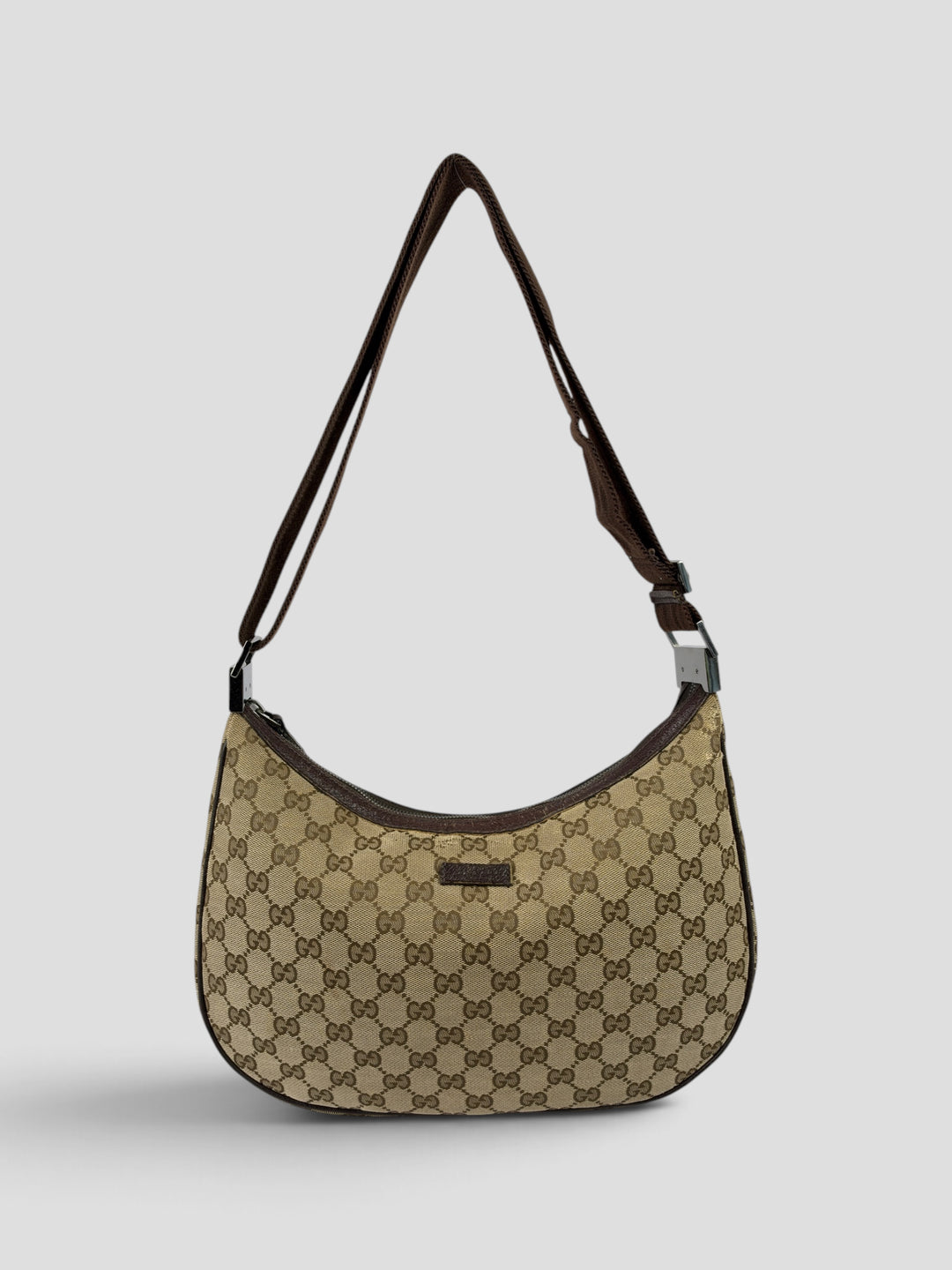 Gucci GG Canvas Half-Moon Banana Crossbody Shoulder Bag aus GG-Canvas in Beige/Ebenholz, Vorderansicht