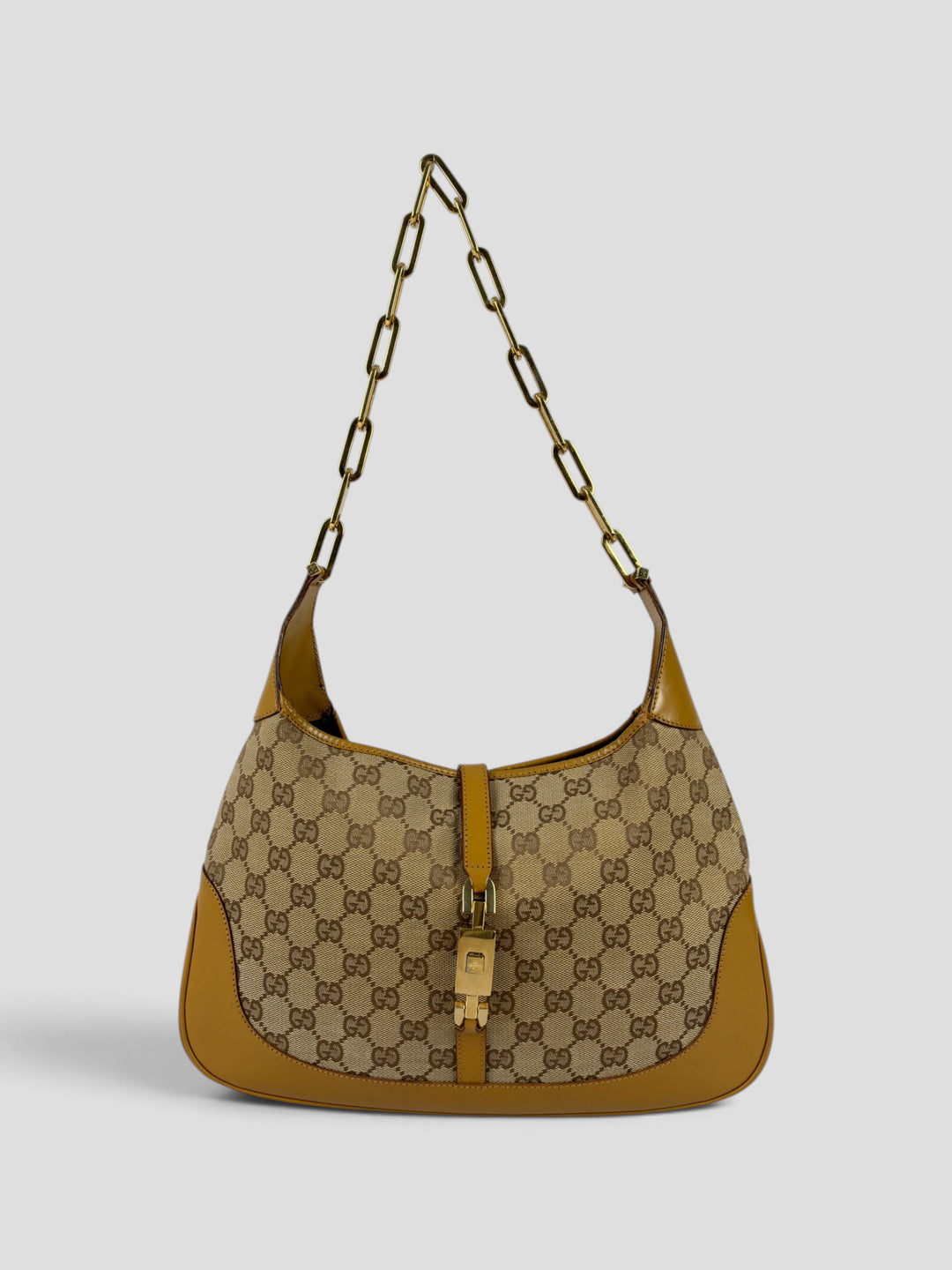 Gucci GG Canvas Jackie Chain Hobo Shoulder Bag aus GG-Canvas in Beige/Ebenholz, Vorderansicht