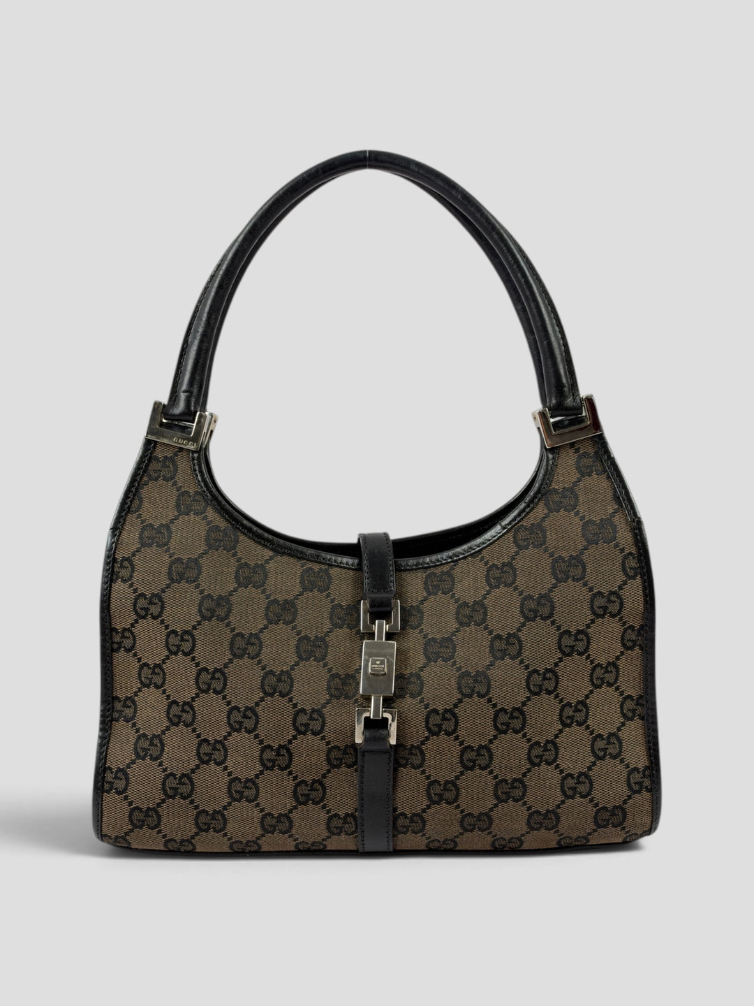 Gucci GG Canvas Jackie Small Hobo Shoulder Bag aus GG-Canvas in Dunkelbraun/Schwarz, Vorderansicht