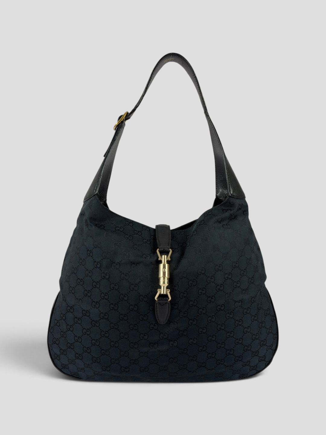 Gucci GG Canvas New Jackie Large Hobo Shoulder Bag aus GG-Canvas in Schwarz, Vorderansicht