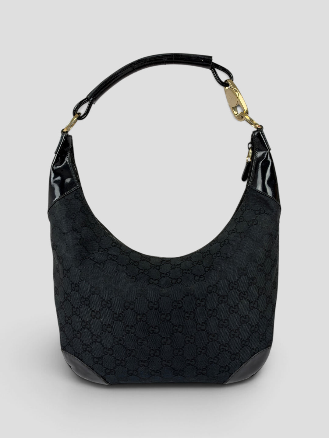 Gucci GG Canvas Patent Leather Hobo Shoulder Bag aus GG-Canvas in Schwarz, Vorderansicht