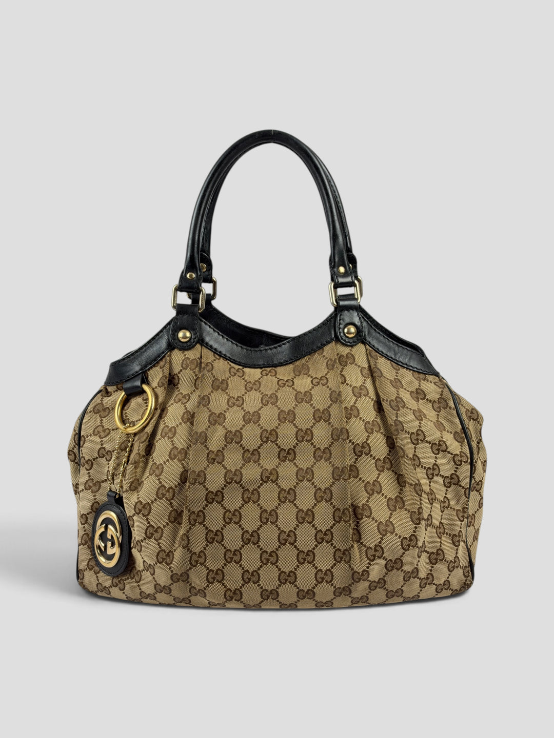 Gucci GG Canvas Sukey Medium Tote Shoulder Bag aus GG-Canvas in Beige/Ebenholz, Vorderansicht