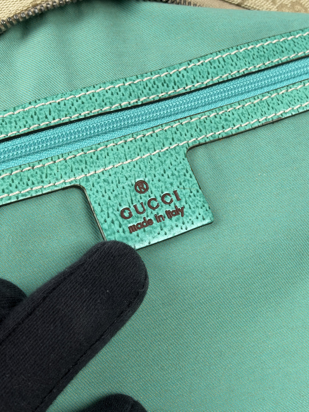 Gucci GG Canvas Turquoise Leather Hobo Shoulder Bag in Beige/Ebenholz, Detailansicht 12