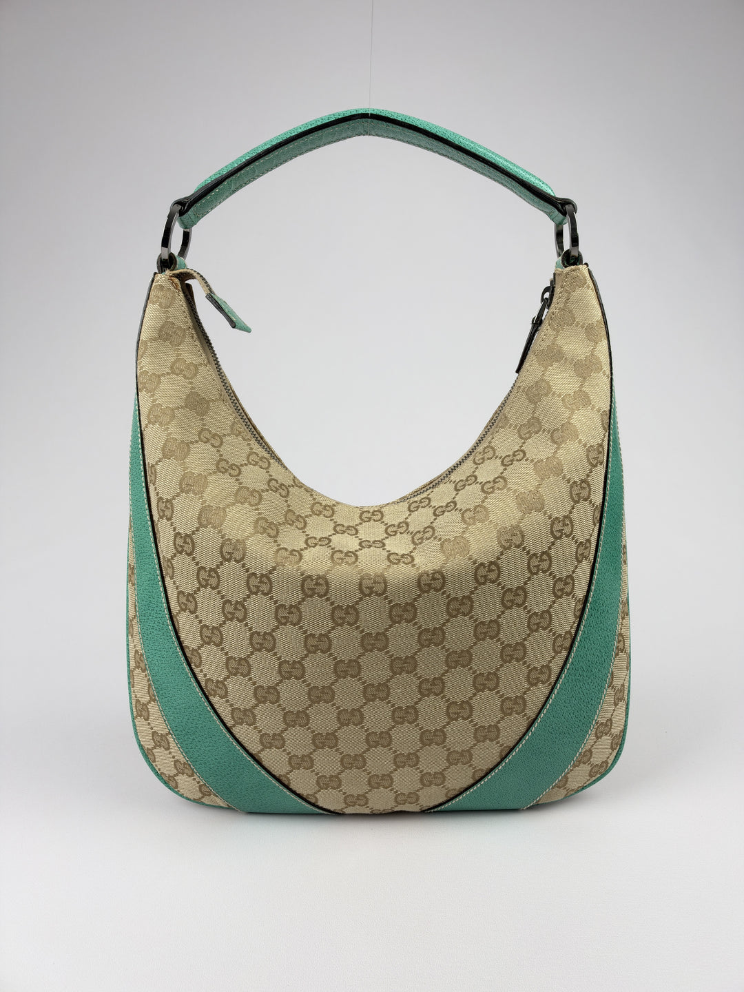 Gucci GG Canvas Turquoise Leather Hobo Shoulder Bag in Beige/Ebenholz, Detailansicht 2