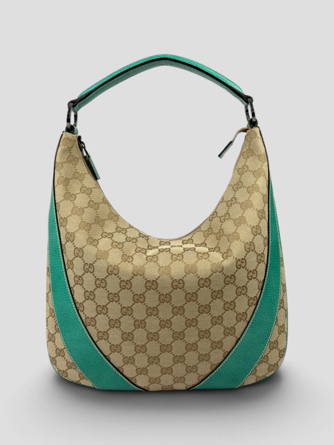 Gucci GG Canvas Turquoise Leather Hobo Shoulder Bag aus GG-Canvas in Beige/Ebenholz, Vorderansicht