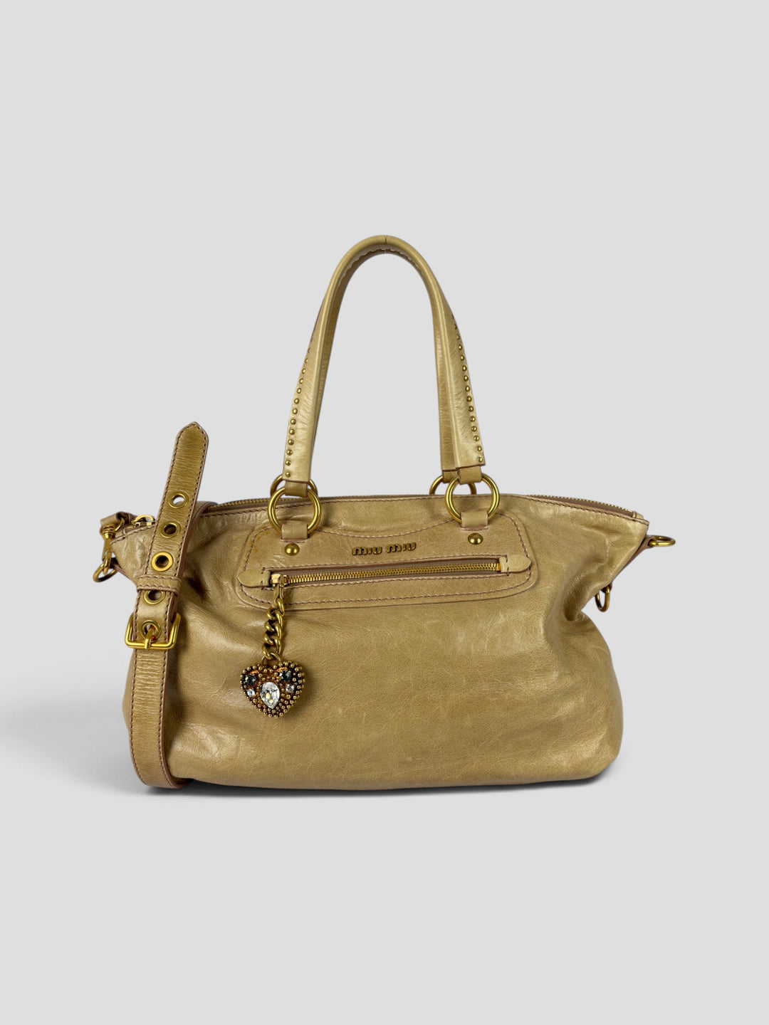 Miu Miu Vitello Lux Leather 2-Way Crossbody Shoulder Bag aus Kalbsleder in Beige/Taupe, Vorderansicht
