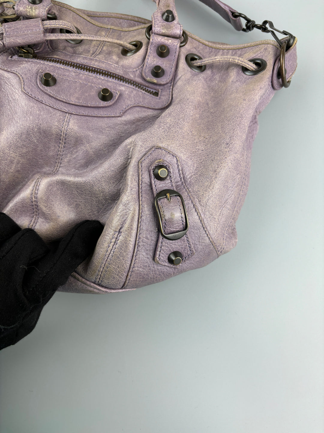 vintage Balenciaga City Pompom Bag pink für Frauen, second hand women balenciaga pompom bag