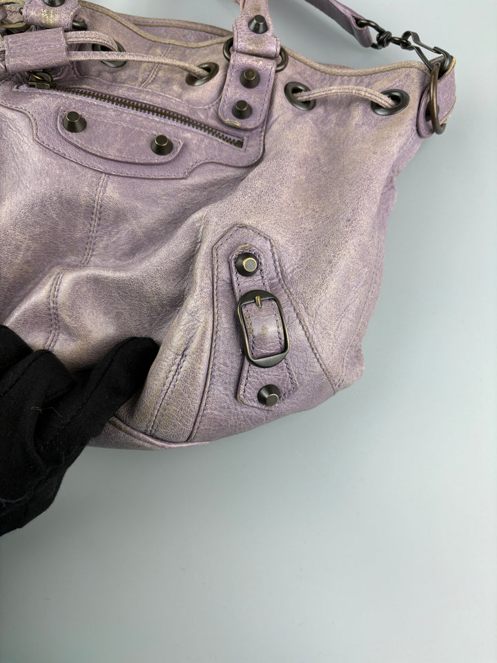 vintage Balenciaga City Pompom Bag pink für Frauen, second hand women balenciaga pompom bag