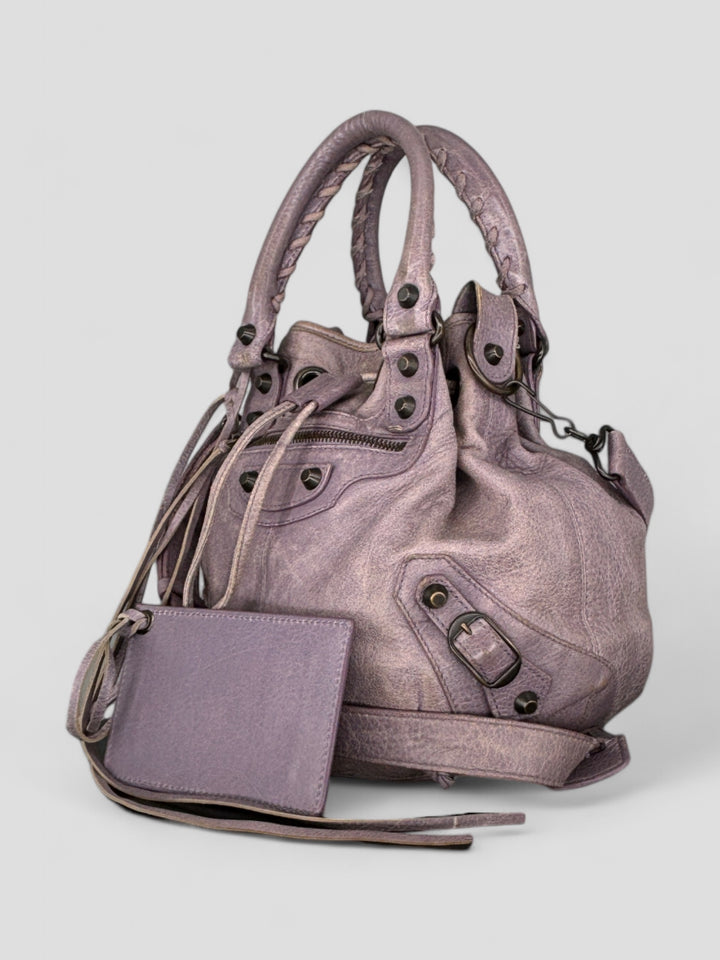 vintage Balenciaga City Pompom Bag pink für Frauen, second hand women balenciaga pompom bag