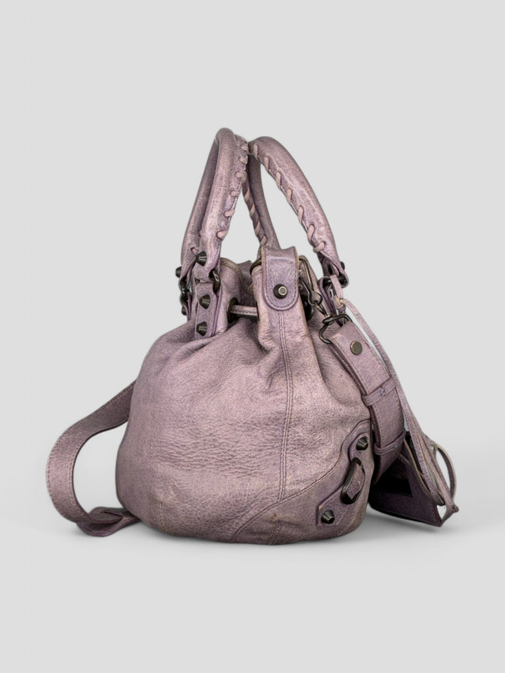 vintage Balenciaga City Pompom Bag pink für Frauen, second hand women balenciaga pompom bag