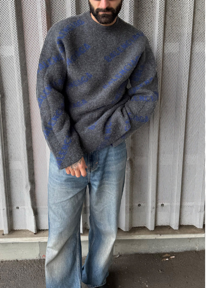 vintage Balenciaga Monogram Wollpullover grau für Herren, second hand men sweater grey balenciaga