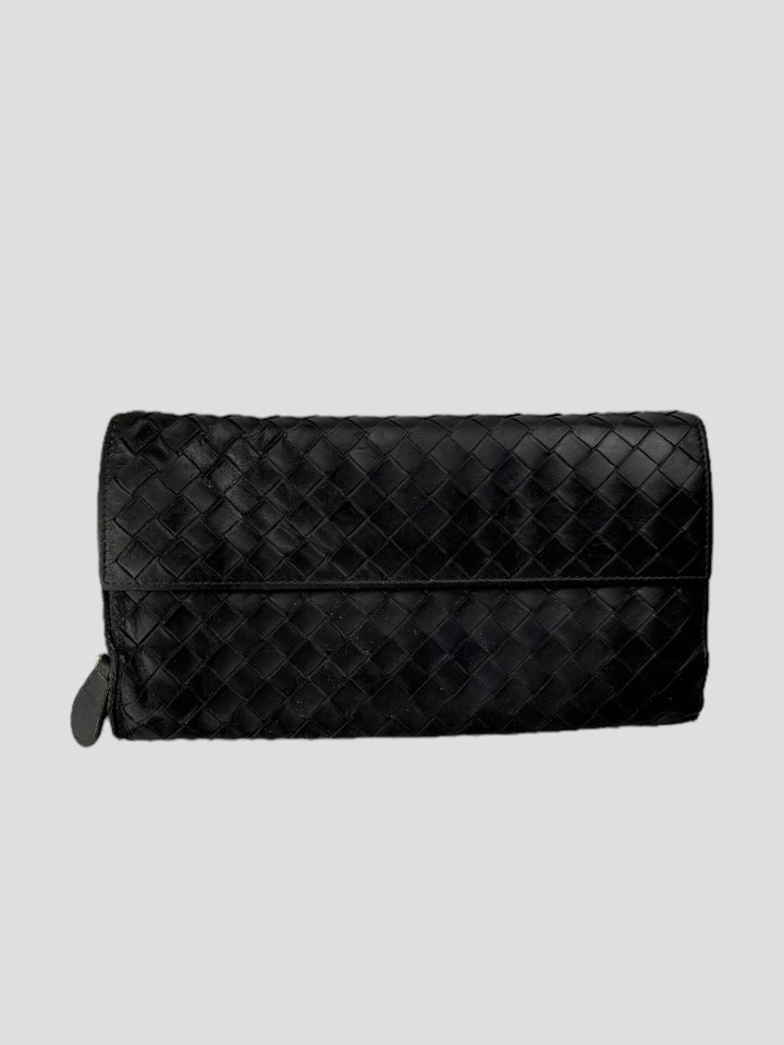 vintage Bottega Veneta Intrecciato Wallet schwarz unisex, second hand botega veneta geldbeutel schwarz