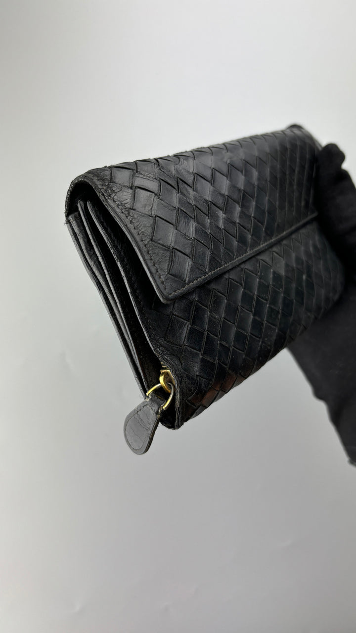 vintage Bottega Veneta Intrecciato Wallet schwarz unisex, second hand botega veneta geldbeutel schwarz