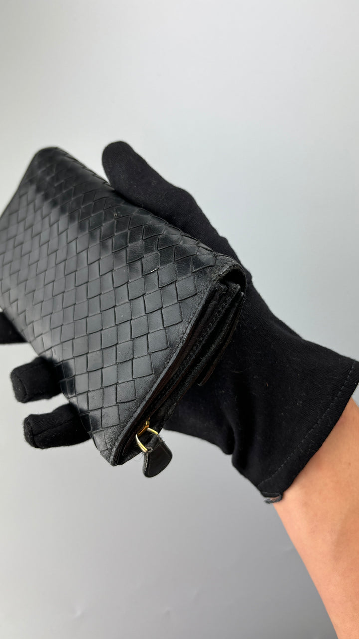 vintage Bottega Veneta Intrecciato Wallet schwarz unisex, second hand botega veneta geldbeutel schwarz